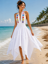 Load image into Gallery viewer, Handmade Embroidered Halter Dress – White Cotton (XL)