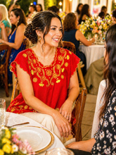 Load image into Gallery viewer, Red Handmade Mexican Embroidered Blouse – Gold Floral Design | XL❤️