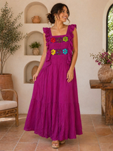 Load image into Gallery viewer, Magenta Handmade Mexican Maxi Dress with Ruffle Straps – One Size (Fits up to Large)