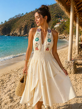 Load image into Gallery viewer, Handmade Embroidered Halter Dress – Beige Cotton (One Size)