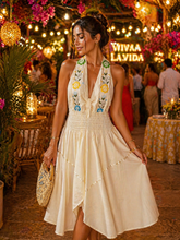 Load image into Gallery viewer, Handmade Embroidered Halter Dress – Beige Cotton (One Size)