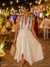 Load image into Gallery viewer, Handmade Embroidered Halter Dress – Beige Cotton (One Size)