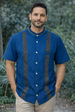 Load image into Gallery viewer, Petroleum Blue Cotton Guayabera with Handwoven Waist-Loom Stripes