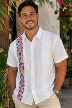 Load image into Gallery viewer, White Linen Guayabera with Colorful Floral Embroidery – Short Sleeve