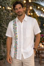 Load image into Gallery viewer, White Linen Guayabera with Colorful Floral Embroidery – Short Sleeve