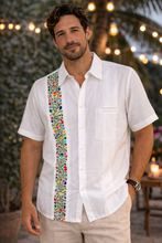 Load image into Gallery viewer, White Linen Guayabera with Colorful Floral Embroidery – Short Sleeve