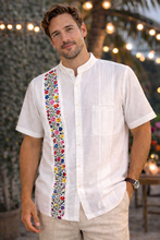 Load image into Gallery viewer, White Linen Guayabera with Colorful Floral Embroidery – Short Sleeve