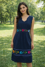 Load image into Gallery viewer, Handmade Cotton Dress with Embroidery – Navy Blue Mexican Artisan Dress with Diamond Neckline