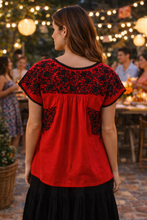 Load image into Gallery viewer, Handmade San Antonino Oaxaca Embroidered Blouse – Red & Black Mexican Artisan Top Short Sleeve Size Small