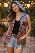 Load image into Gallery viewer, Mexican Artisan Vest with Hood – Poplin Fabric Burgundy Multicolor Boho Vest Size Small