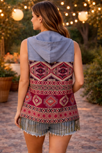 Load image into Gallery viewer, Mexican Artisan Vest with Hood – Poplin Fabric Burgundy Multicolor Boho Vest Size Small