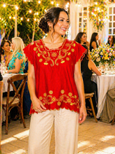 Load image into Gallery viewer, Red Handmade Mexican Embroidered Blouse – Gold Floral Design | XL❤️
