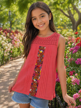 Load image into Gallery viewer, Coral Embroidered Girls Blouse | Handmade Mexican Style size S-M
