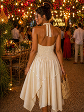 Load image into Gallery viewer, Handmade Embroidered Halter Dress – Beige Cotton (One Size)
