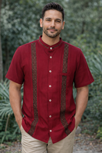 Load image into Gallery viewer, Red Cotton Guayabera with Handwoven Waist-Loom Stripes
