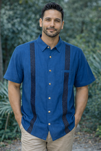 Load image into Gallery viewer, Petroleum Blue Cotton Guayabera with Handwoven Waist-Loom Stripes
