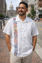 Load image into Gallery viewer, White Linen Guayabera with Colorful Floral Embroidery – Short Sleeve
