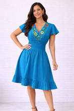 Load image into Gallery viewer, Handmade Embroidered Cotton Dress – Elastic Waist &amp; Ruffle Sleeves | Made in Oaxaca
