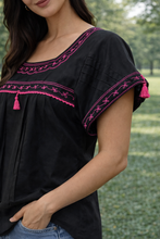 Load image into Gallery viewer, Traditional Zaachila Oaxaca Blouse Black with Fuchsia Embroidery – Poplin Fabric Size
