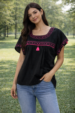 Load image into Gallery viewer, Traditional Zaachila Oaxaca Blouse Black with Fuchsia Embroidery – Poplin Fabric Size
