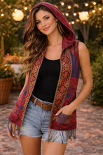 Load image into Gallery viewer, Mexican Artisan Vest with Hood – Poplin Fabric Burgundy Multicolor Boho Vest Size Small
