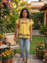 Load image into Gallery viewer, Floral Embroidered Poplin Blouse - Vibrant Yellow 1XL, EXTRA LARGE
